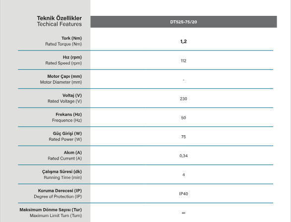 DT52S 75,20 Yana kayar perde motoru teknik özellikleri