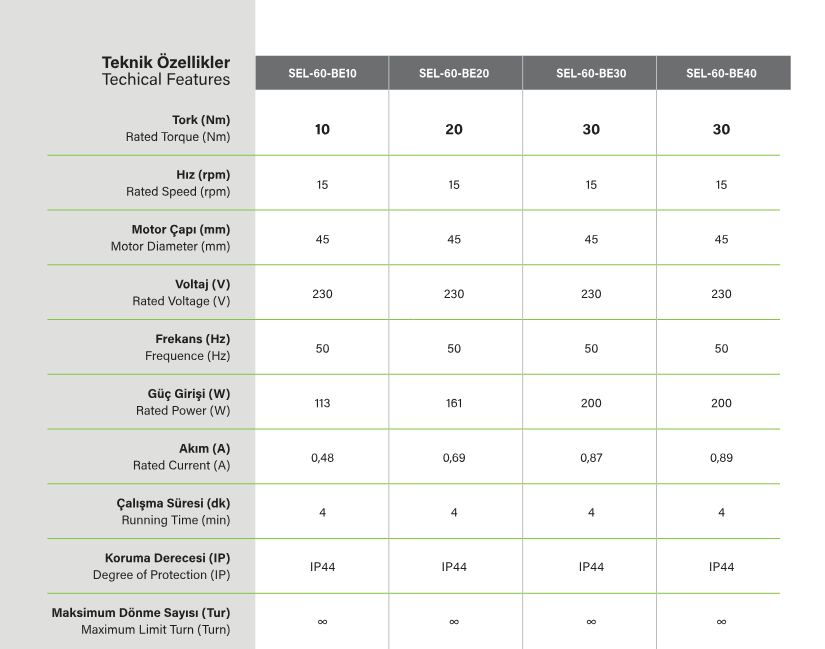 SEL60BE panjur motoru teknik özellikleri