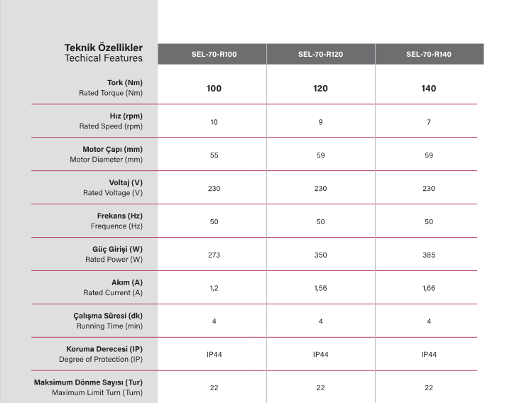 SEL70RS Rolling roof motoru teknik özellikleri