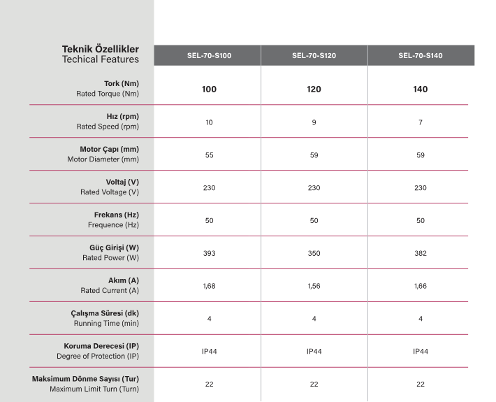 SEL70STYP Rolling roof motoru teknik özellikleri