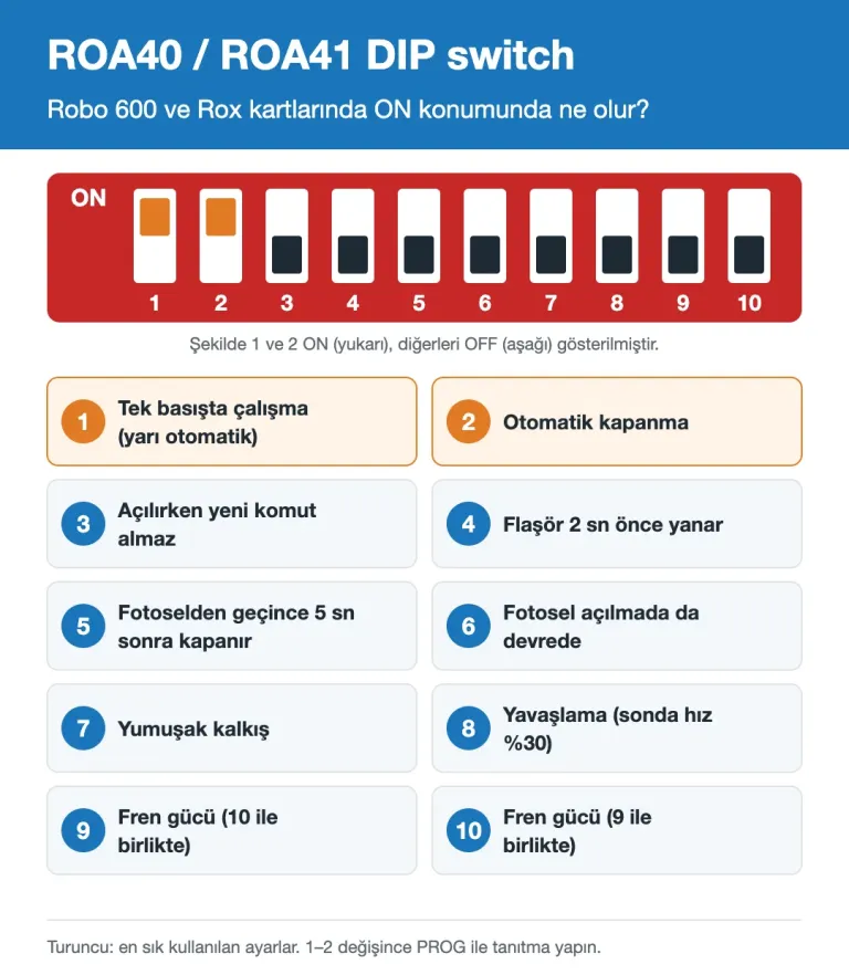 Nice ROA40 ROA41 kontrol kartı DIP switch ayarları infografiği